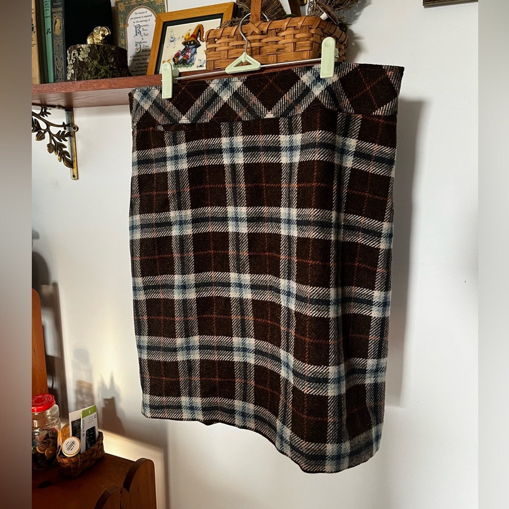 L.L. Bean Brown Wool Plaid Pencil Skirt Knee-Length Casual
